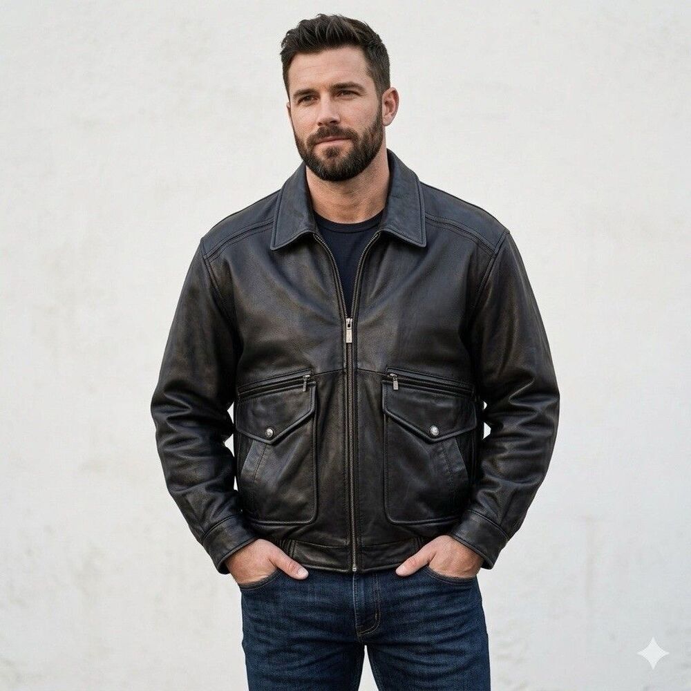 Roundtree & Yorke Bomber Jacket Men’s M Black Full Zip Pockets Rockabilly Goth
